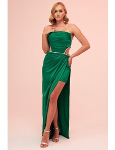 Carmen Emerald Satin Strapless Long Evening Dress with Side Slit