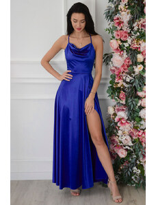 Královsky modré saténové šaty Linda s rozparkem