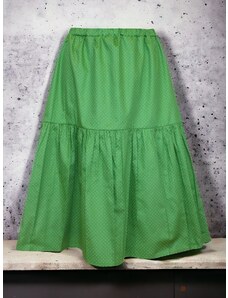ŠatySukně Zelená letní dlouhá volánová sukně z bavlněného plátna, bílé puntíky
