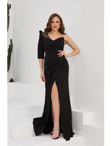Carmen Black Crepe One-Shoulder Long Evening Dress And Invitation Dress