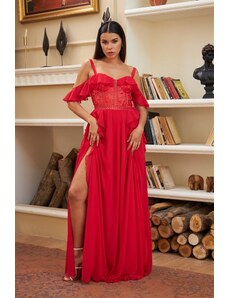 Carmen Red Flounce Evening Dress with Lace Slit on the Top