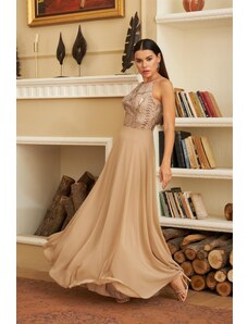 Carmen Mink Sequined Sequined Long Evening Dress with Low-Cut Back.