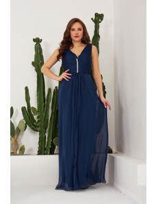 Carmen Navy Blue Chiffon Long Evening Dress And Invitation Dress With Stones.