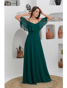 Carmen Emerald Low Sleeves Long Evening Dress with Straps