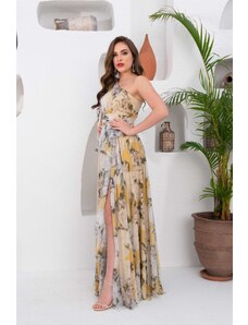 Carmen Yellow Printed Single Sleeve Slit Long Evening Dress