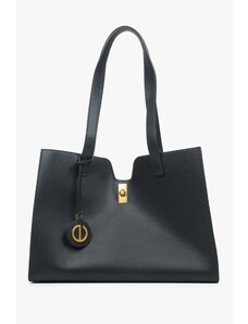 Women's Black Leather Shopper Bag with a Decorative Strap Estro ER00114205