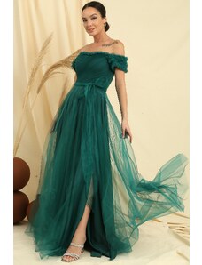 By Saygı Frilly Belted Collar And Sleeves Lined Long Tulle Dress