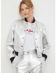 Kožená bunda bomber Pepe Jeans dámská, stříbrná barva, přechodná