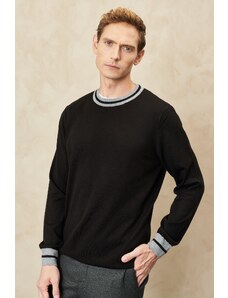 ALTINYILDIZ CLASSICS Men's Black Anti-pilling Sleeve and Collar Stripe Patterned Standard Fit Crew Neck Knitwear Sweater