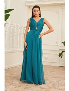 Carmen Petrol Chiffon Long Evening Dress And Invitation Dress With Rhinestones.