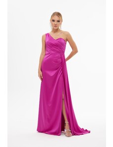 Carmen Fuchsia Satin One-Shoulder Long Evening Dress with Slit