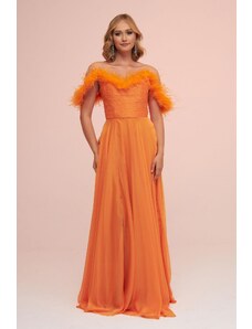Carmen Orange Chiffon Feathered Slit Long Evening Dress