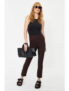 Trendyol Dark Brown Cigarette Skinny Leg Woven Trousers with Waist Stitching Detail