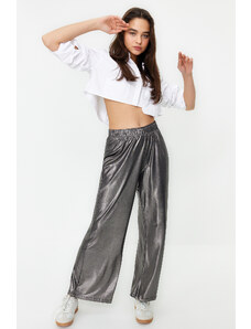 Trendyol Anthracite Foil Printed Wide Leg/Wide Cut Stretchy Knitted Trousers