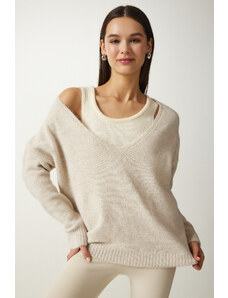 Happiness İstanbul Women's Beige Tank Top Soft Textured Double Knitwear Sweater