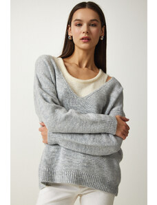 Happiness İstanbul Women's Gray Shirt Soft Textured Double Knitwear Sweater