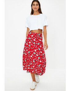 Trendyol Red Floral Patterned Viscose Fabric Midi Woven Skirt