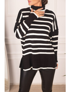 armonika Women's Black Turtleneck Striped Knitwear Sweater