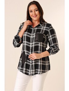 By Saygı Large Checkered Plus Size Shirt With Leather Detail Double Pockets With Metal Buttons and Fold Sleeve