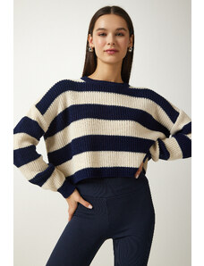 Happiness İstanbul Women's Navy Blue Cream Striped Crop Knitwear Sweater