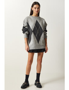 Happiness İstanbul Women's Light Gray Premium Diamond Patterned Oversize Knitwear Sweater