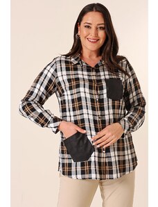 By Saygı Metal Buttoned Leather Detailed Double Pocket Sleeve Folded Plaid Plus Size Shirt