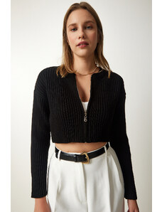 Happiness İstanbul Women's Black Zipper Ribbed Crop Knitwear Cardigan