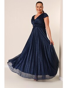 By Saygı V-Neck Waist and Front Draped Lined Pleated Glitter Long Crepe Dress