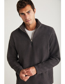 GRIMELANGE Hayes Men's Fleece Half Zipper Leather Accessory Thick Textured Comfort Fit Smoked Fleece
