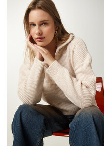 Happiness İstanbul Women's Dark Cream Zippered Collar Knitwear Sweater