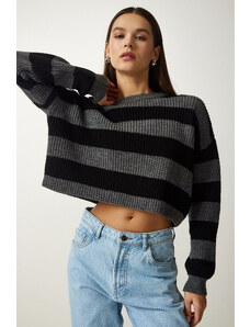 Happiness İstanbul Women's Gray Black Striped Crop Knitwear Sweater