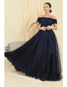 By Saygı Frilly Belted Collar And Sleeves Lined Long Tulle Dress