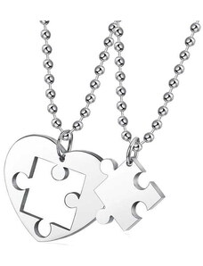 Camerazar Dvoudílný náhrdelník přátelství z chirurgické oceli 316L, motiv puzzle a srdce, délka řetízku 60 cm