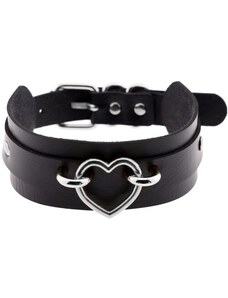 Camerazar Chokerový náhrdelník srdce, černý-stříbrný, kožený řemínek, 41 cm
