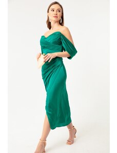 Lafaba Women's Emerald Green Boat Neck Draped Midi Evening Dress