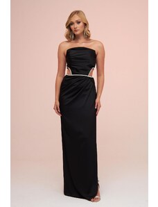 Carmen Black Satin Strapless Long Evening Dress with Side Slit