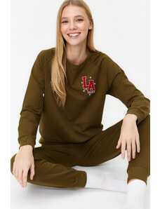Trendyol Green 100% Cotton Printed Sweatshirt-Jogger Knitted Pajamas Set