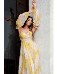 Carmen Yellow Printed Low Sleeve Slit Long Evening Dress