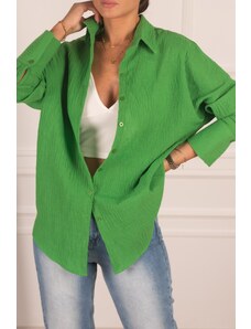 armonika Women's Green Oversize Textured Linen Look Wide Cuff Shirt