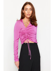 Dilvin 10364 Side V Front Gathered Sweater-fuchsia