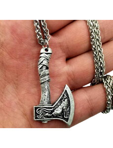 Camerazar Pánský náhrdelník se sekerou Viking Axe, stříbrný, slitina kovů, s liščím ocasem výpletem