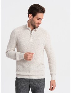 Ombre Clothing Pánský pletený svetr s rozšířeným límcem - krémový V1 OM-SWZS-0105