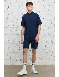 ALTINYILDIZ CLASSICS Men's Navy Blue Slim Fit Slim Fit Shirt with Buttons and Pocket Short Sleeved Shirt.