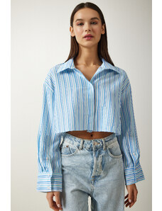 Happiness İstanbul Women's Sky Blue Striped Crop Cotton Woven Shirt