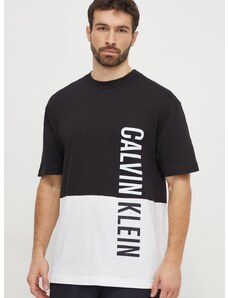 Bavlněné plážové tričko Calvin Klein černá barva, s potiskem, KM0KM00999