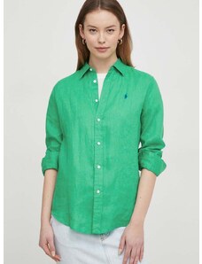Lněná košile Polo Ralph Lauren zelená barva, regular, s klasickým límcem, 211920516