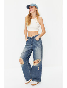 Trendyol Blue Faded Effect Vintage Ripped High Waist Wide Leg Jeans