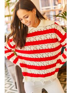Olalook Women's Red Collar Detailed Knitwear Blouse with Rips and Openwork