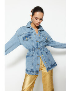 Trendyol Light Blue Elastic Waist Gold Button Detailed Oversize Long Denim Jacket