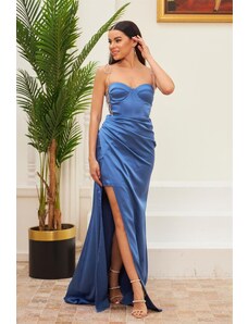 Carmen Indigo Satin Tie Long Evening Dress And Invitation Dress.